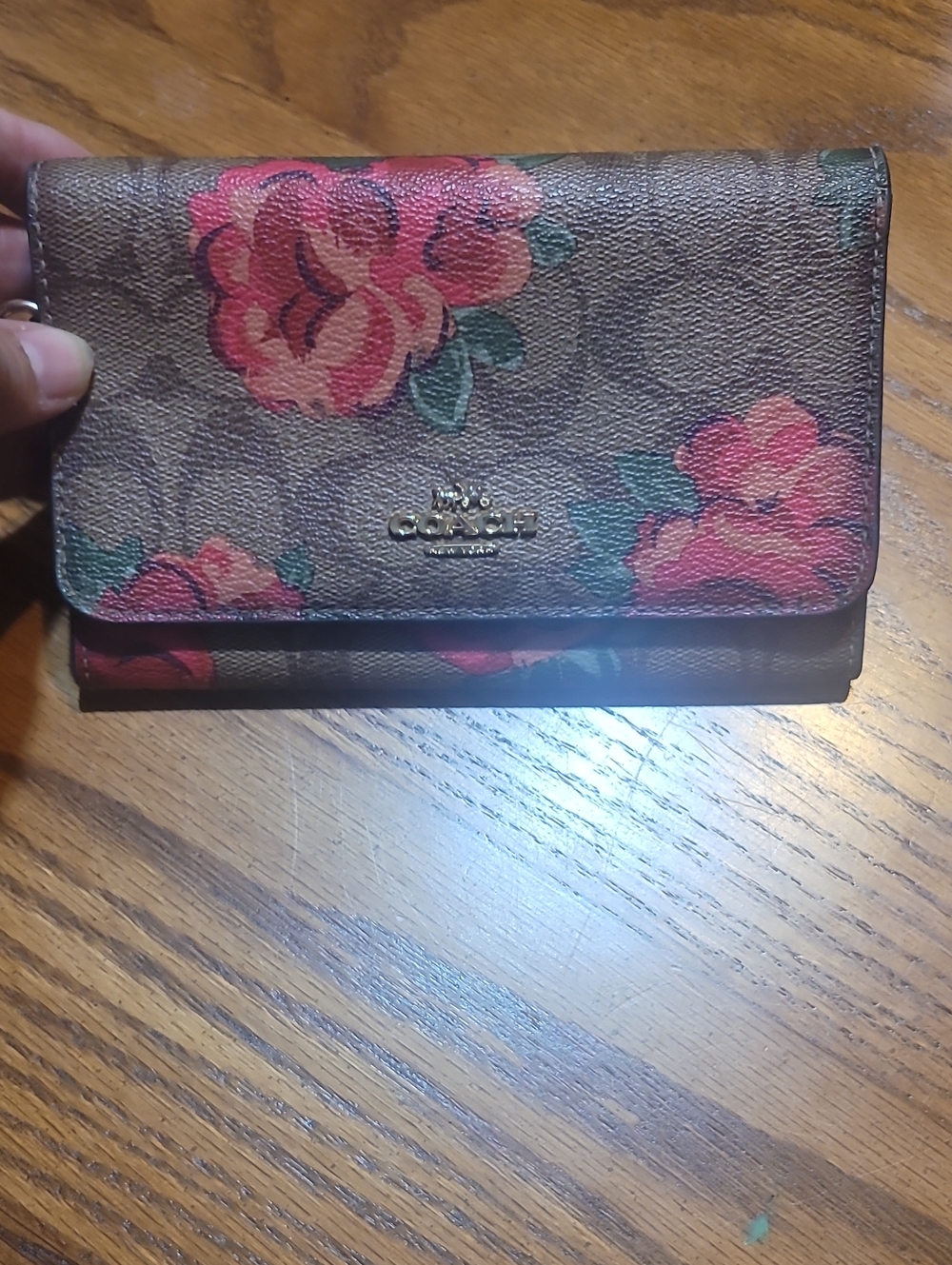 Coach Brown Floral Continental Wallet with Pink Rose Print